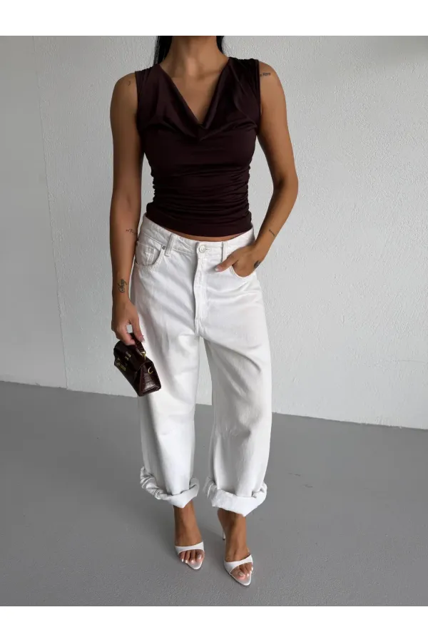 Kadın Kahverengi Degaje Yaka Yanlardan Drapeli Sandy Bluz HZL25S-FRY123131