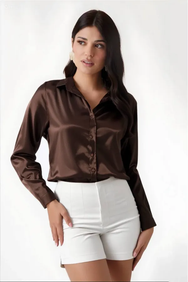 Women's Brown Lightweight Flowing Satin Finish Shirt HZL22W-BD139641