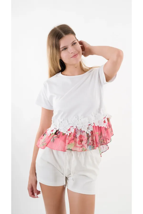 Kadın Beyaz Dantel Çiçek Desenli Bisiklet Yaka Bluz HZL24S-YY256