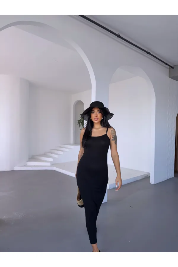 Kadın Siyah Ayarlanabilir Askılı Midi Boy Elbise HZL25S-FRY122921