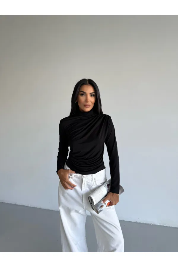 Kadın Siyah Uzun Kollu Drape Detaylı Boğazlı Sandy Bluz HZL25W-FRY123301