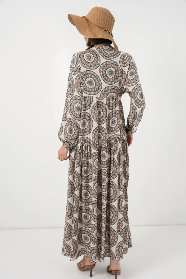Robe longue hijab à motifs pour femme 2585 - Beige clair