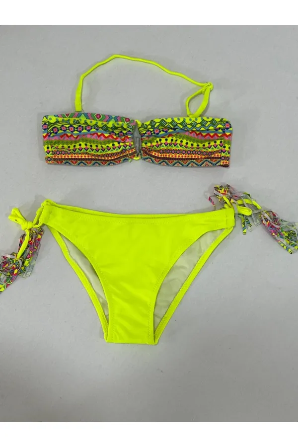 Ensemble bikini triangle jaune à doublure multicolore pour fille, 4-12 ans, HZL24S-LC1904