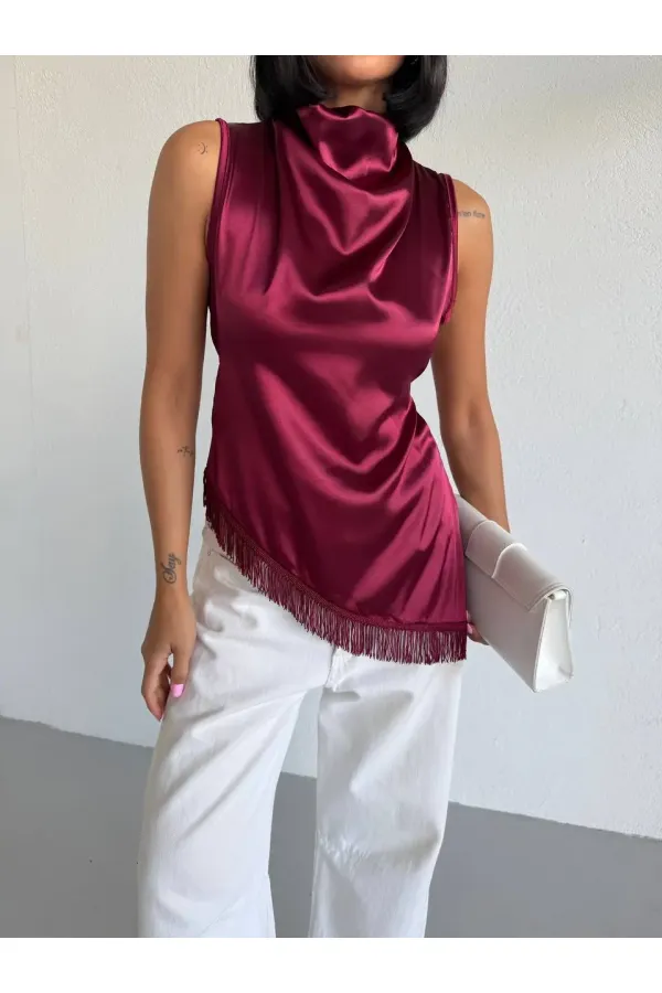 Women's Burgundy Halter Neck Asymmetrical Cut Fringe Detail Satin Blouse HZL26S-FRY123911