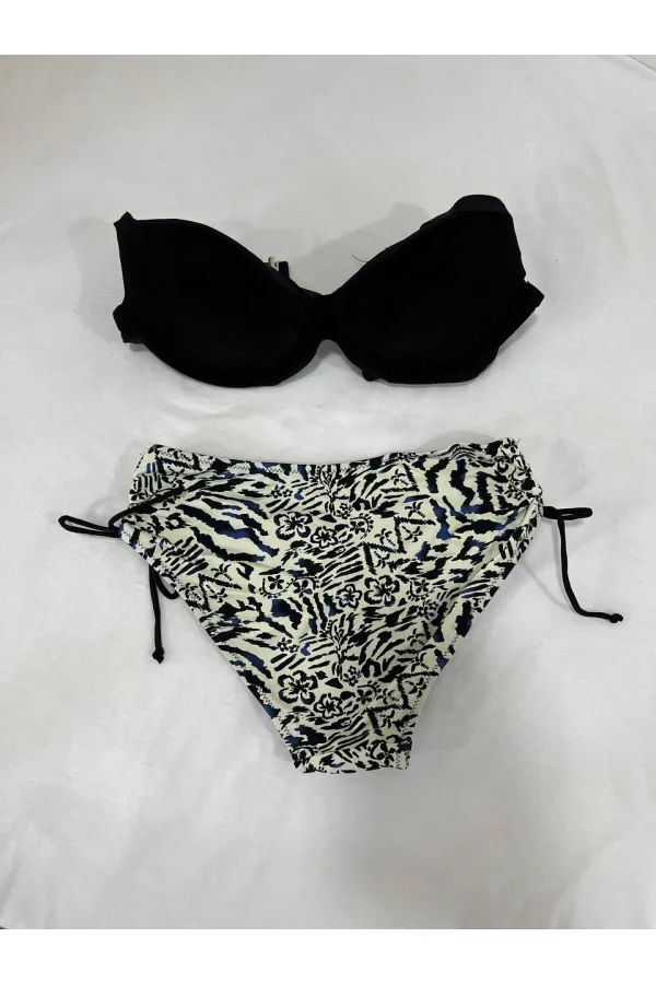 Kadın Siyah Taş İşlemeli Bej Desenli Astarlı Büyük Beden Bikini Takımı HZL25S-LC3351