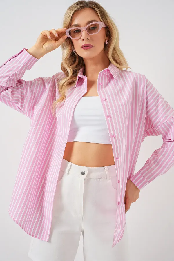 Kadın Çizgili Oversize Gömlek 20332 - Pudra