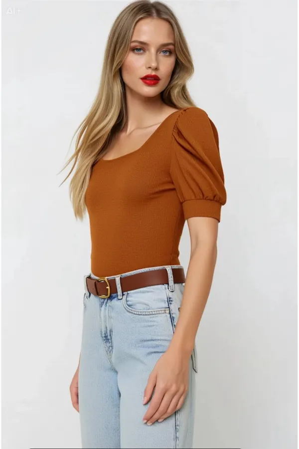 Kadın Taba Kare Yaka Örme Bluz HZL22W-BD104091