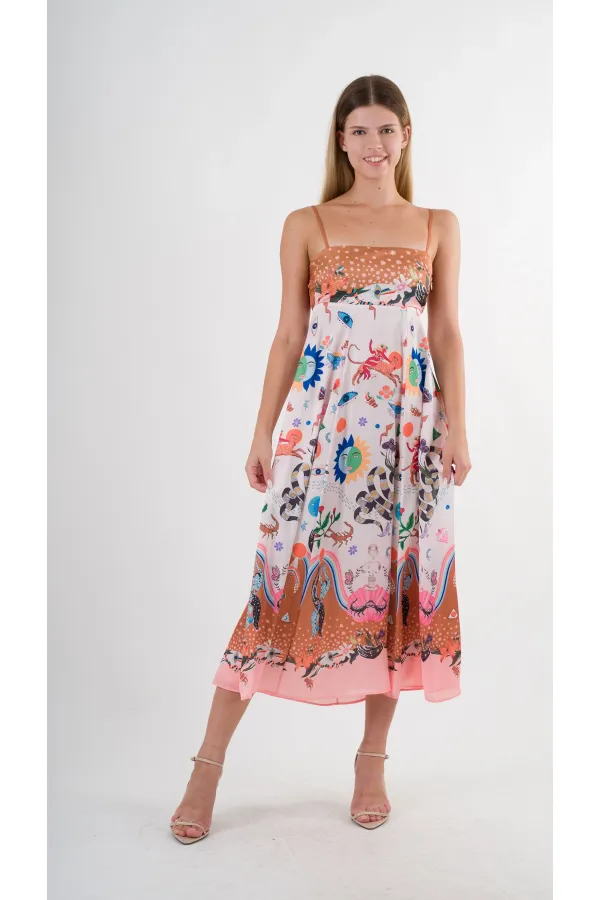 Kadın Çok Renkli İp Askılı Astarsız Uzun Elbise HZL24S-YY276