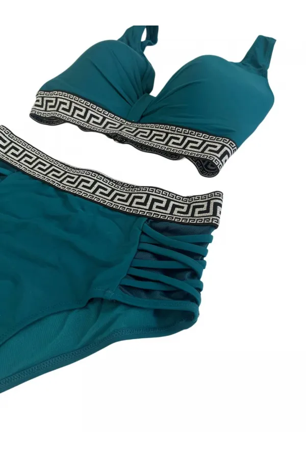 Women's Green High Waist Side Stripe Detail Patterned Elastic Padded Bikini Set HZL25S-LC201