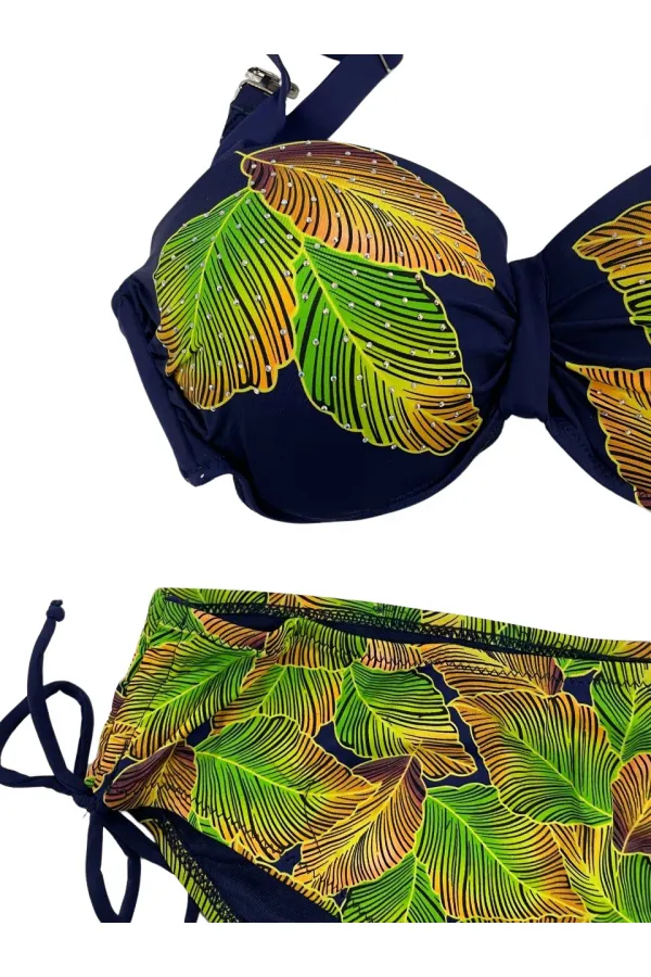 Kadın Lacivert Yaprak Desenli Taş İşlemeli Astarlı Bikini Takım HZL25S-LC3305