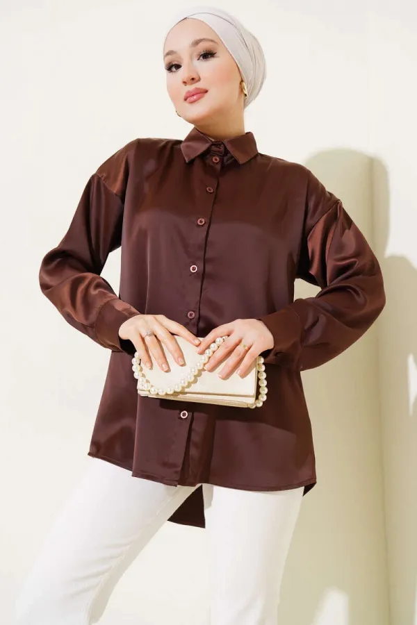 Chemise hijab marron satinée pour femme HZL25W-BD139641