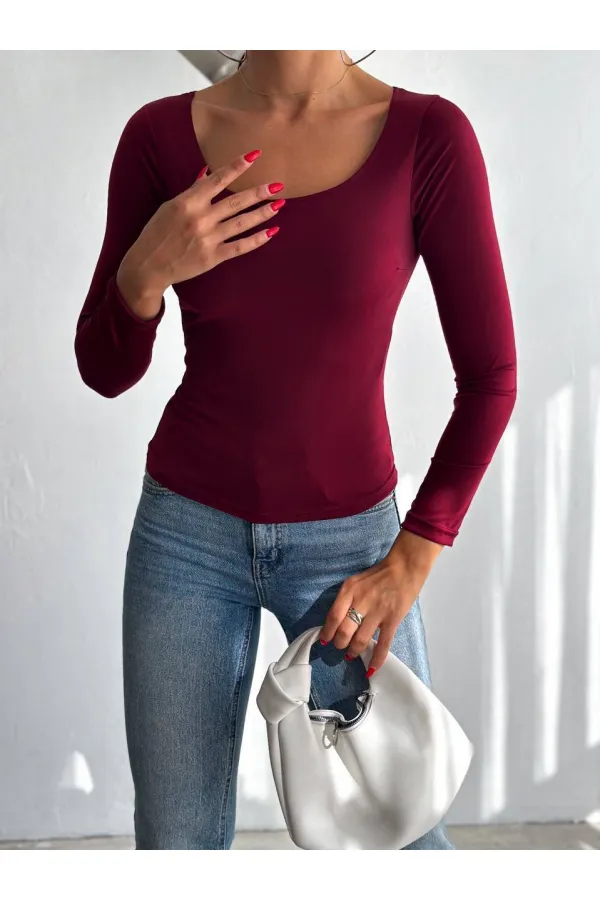 Kadın Bordo U Yaka Uzun Kollu Sandy Bluz HZL25S-FRY122471