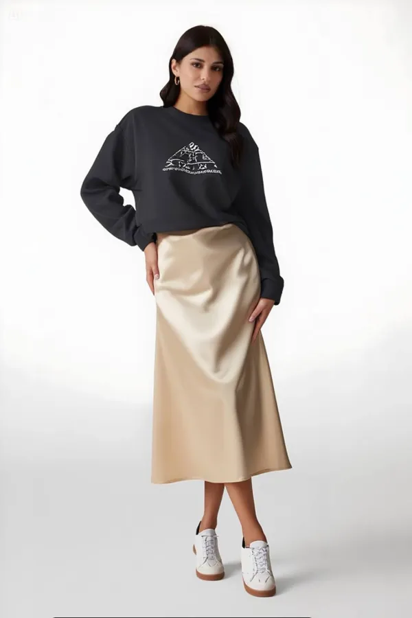 Women's Cream Satin Surface Elastic Waist Midi Skirt Hzl23s-bd1101471