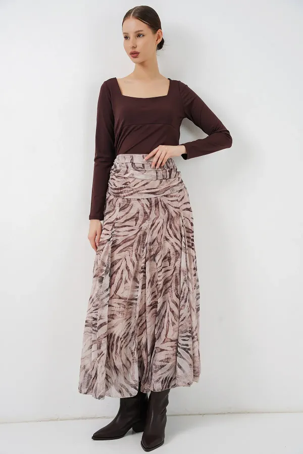 Women's Patterned Chiffon Skirt 8057 - Ecru