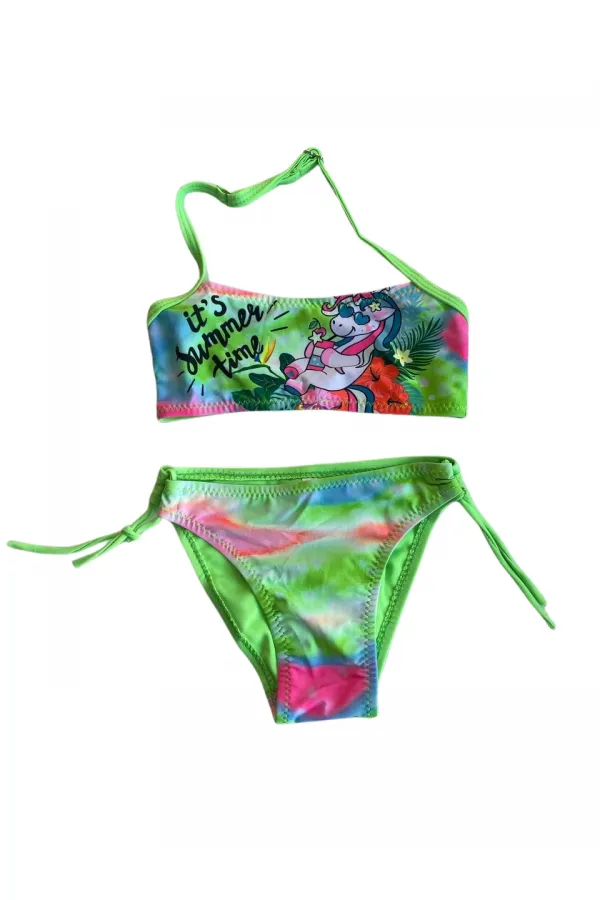 Girl Neon Green Patterned 2-8 Years Strapless Bikini Set HZL24S-LC3652