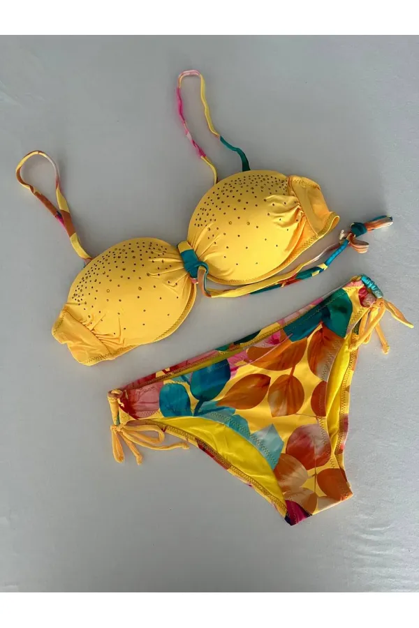 Ensemble bikini doublé brodé de pierres jaunes pour femme HZL25S-LC207