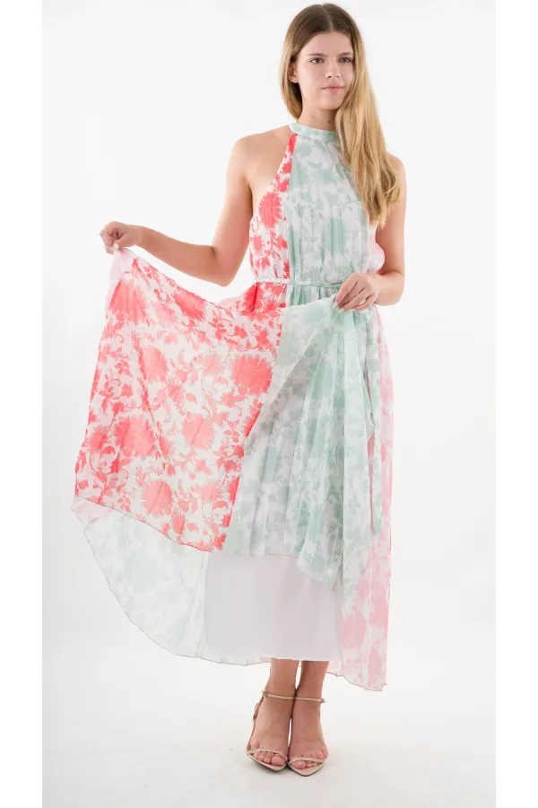 Kadın Kırmızı Yeşil Bloklu Yaprak Desenli Halter Yaka Kuşaklı Astarlı Uzun Elbise HZL24S-YY233