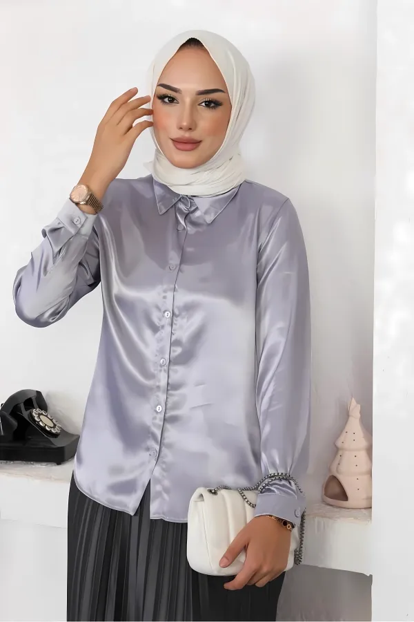 Chemise hijab grise satinée pour femme HZL25W-BD139641