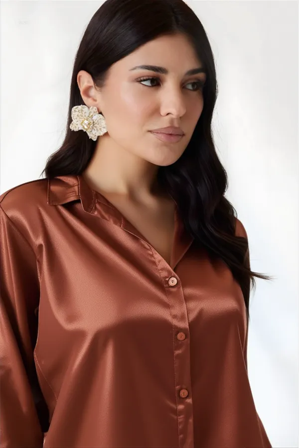 Kadın Bakır Hafif Dökümlü Saten Yüzeyli Gömlek Hzl22w-bd139641