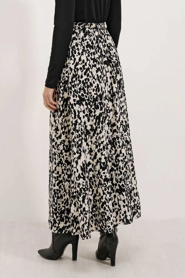 Kadın Krem Siyah Desenli Astarsız Beli Lastikli Midi Boy Etek HZL24S-BD180031