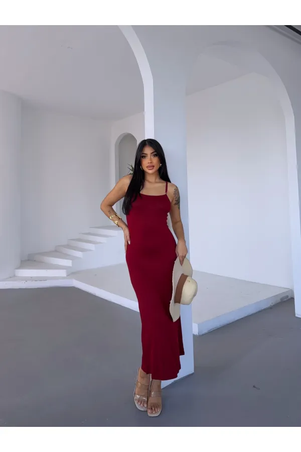 Kadın Bordo Ayarlanabilir Askılı Midi Boy Elbise HZL25S-FRY122921