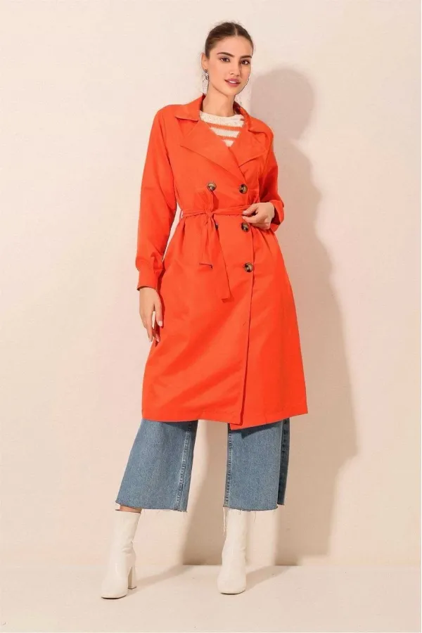 Women's Orange Double-Breasted Belted Unlined Seasonal Comfortable Trench Coat Hzl22s-bd158531