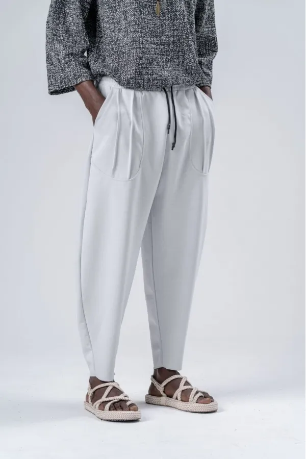 Pantalon de survêtement blanc ample à taille nouée et poches pour homme HZL24S-MXC9019-10