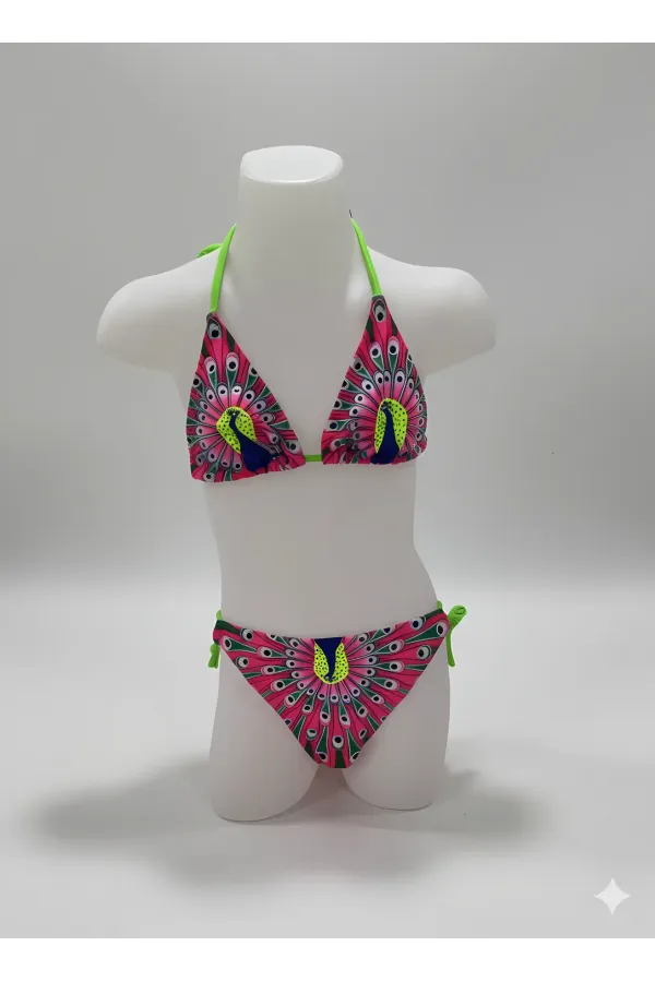 Ensemble bikini triangle rose à motif paon pour filles, 6-14 ans HZL24S-LC19017