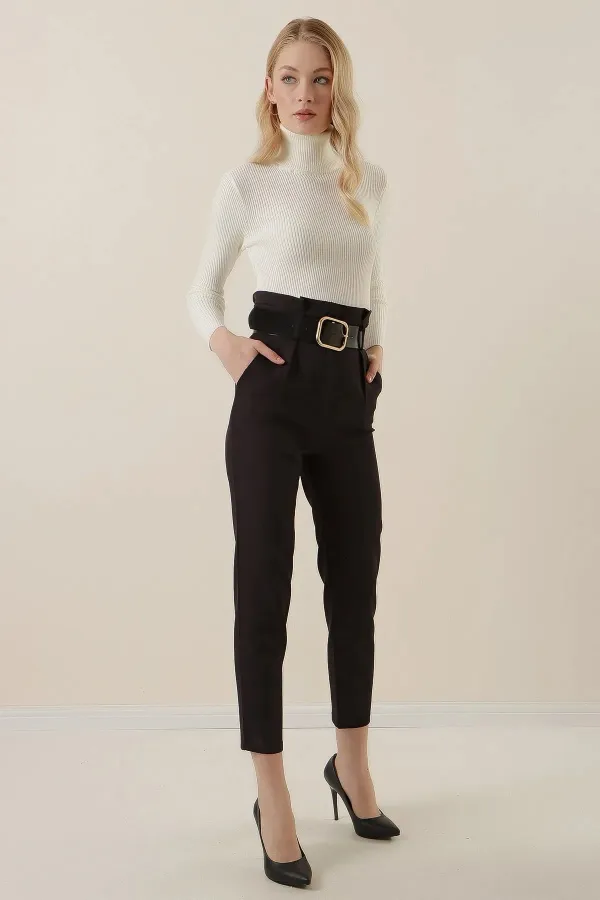 Women's High Waist Belted Fabric Trousers HZL22W-BD164641