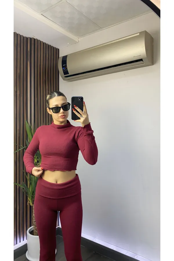 Kadın Bordo Bel Katlamalı İspanyol İkili Yumoş Takım HZL25W-ZK13501