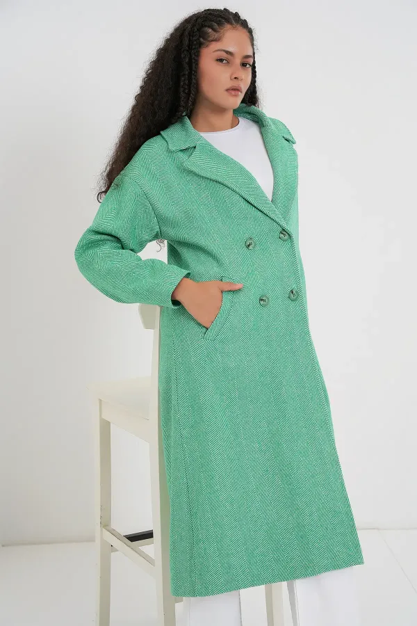 Yeşil Oversize Geniş Kesim Yünlü Uzun Kaşe Kaban 9113