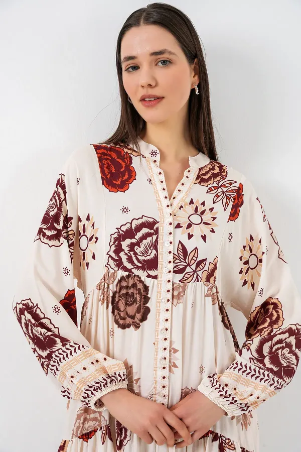 Robe longue hijab à motifs pour femme 2585 - Z. Beige