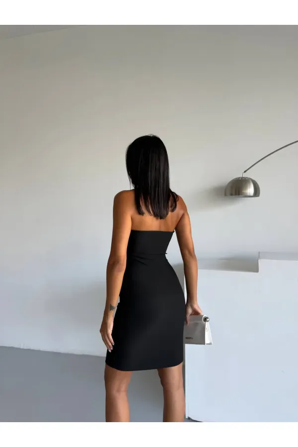 Women's Black Ottoman Fabric Halter Neck Buckle Detail Dress HZL26W-FRY123411