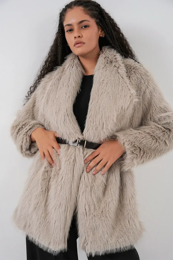 Women's Belted Oversize Fur Coat 9156 - Stone