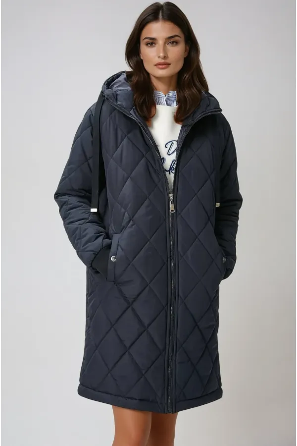 Kadın Lacivert Kapitone Uzun Şişme Mont HZL22W-BD151381