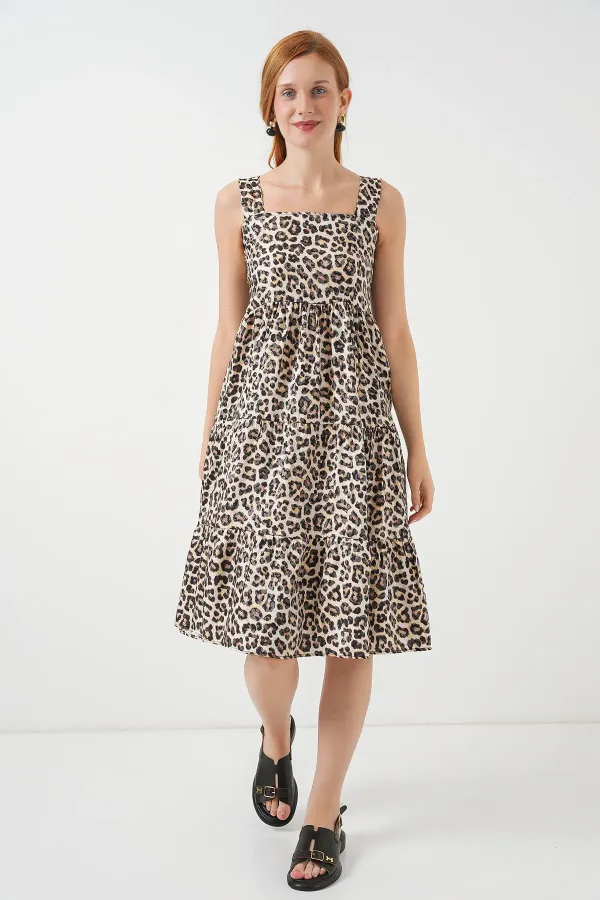 Women's Patterned Strappy Midi Dress 2577 - C. Brown