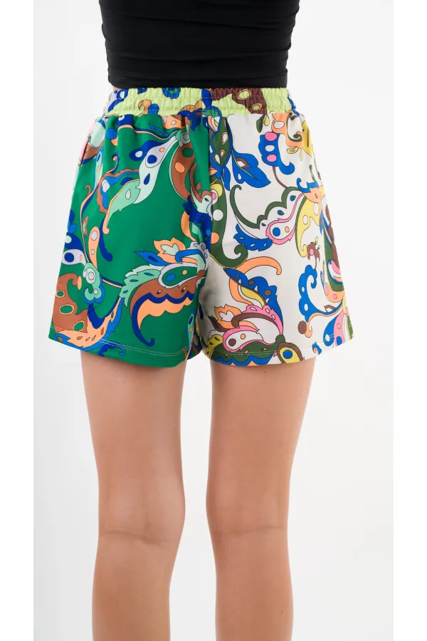 Kadın Yeşil Pembe Beli Lastikli Ve Bağlamalı Cepli Şort HZL24S-YY226