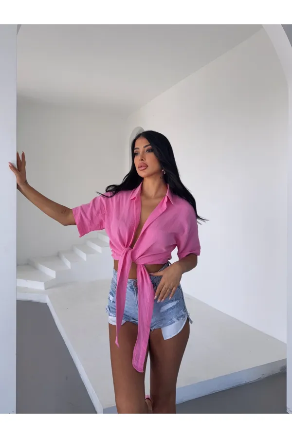 Kadın Pembe Bağlama Detaylı Müslin Keten Bluz HZL25S-DSB1212