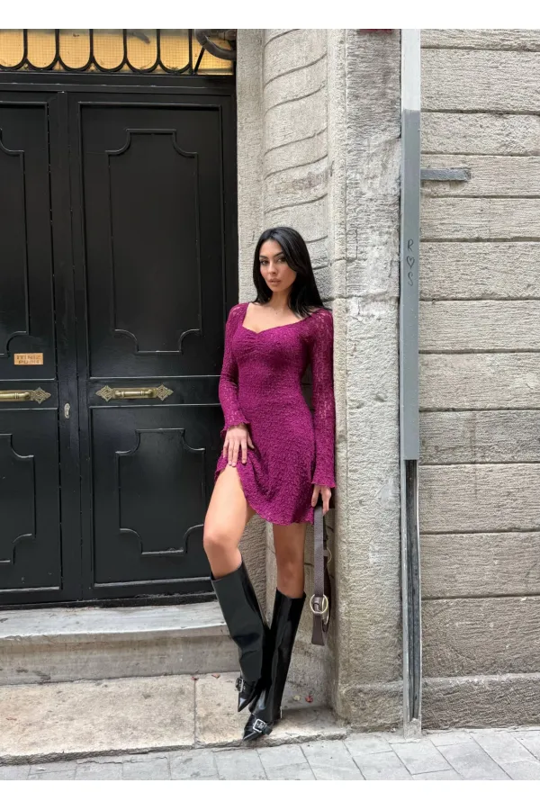 Kadın Mor Uzun Kollu Dantel Detay Astarlı Kloş Elbise HZL25W-FRY123531