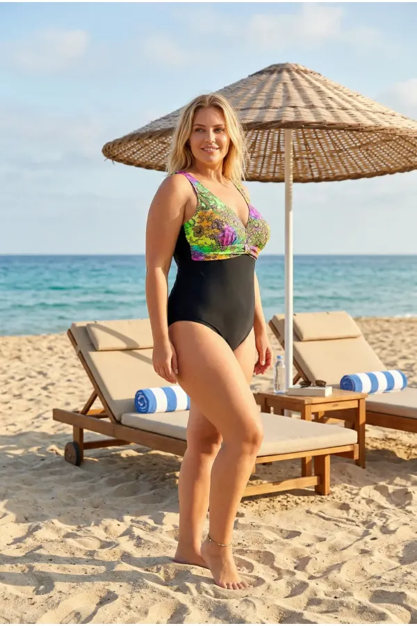 Women's Black Green V-Neck Plus Size Swimsuit HZL25S-LC4008