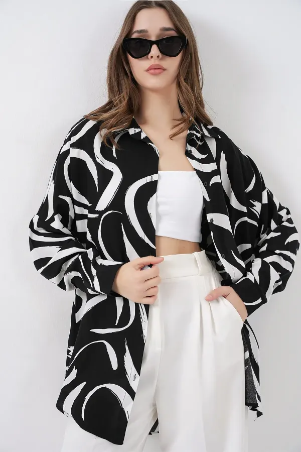 3721 Grafik Desenli Gömlek - F. Siyah