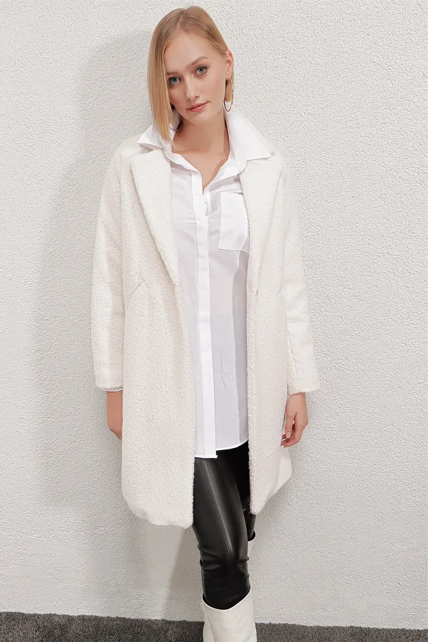 Kadın Kemik Tek Düğmeli Çift Cepli Astarlı Buklet Kaşe Kaban HZL22W-BD190821