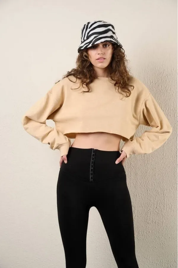 Sweat-shirt court basique à col ras du cou et manches longues pour femme HZL24W-ZK11351