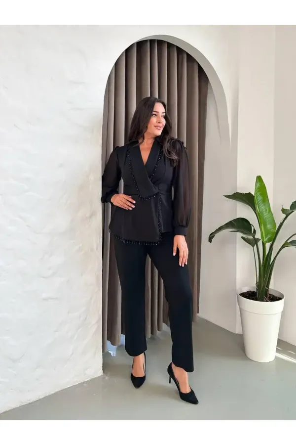 Kadın Siyah Büyük Beden Taş İşlemeli Şifon Kol Alt Üst Abiye Takım HZL26S-PR10151