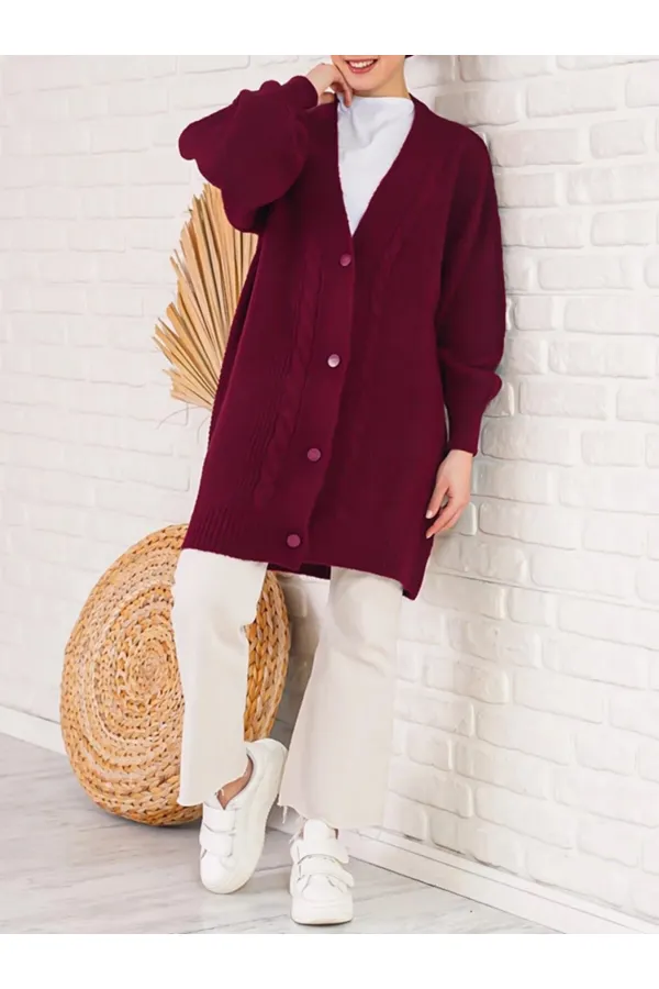 Women's Burgundy Hair Knit Pattern Long Buttoned Casual Cut Knitwear Cardigan HZL23W-BD1100691