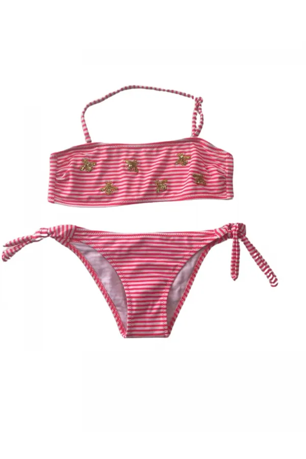 Ensemble bikini sans bretelles à rayures roses et blanches pour fille, motif abeille, 4-12 ans, HZL24S-LC3228