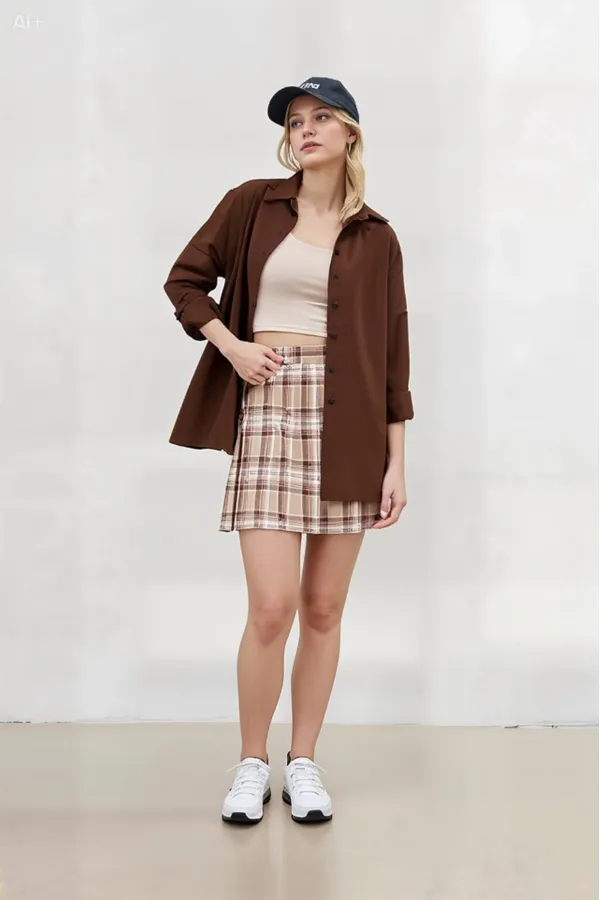 Kadın Çikolata Oversize Uzun Basic Gömlek Hzl22w-bd139001