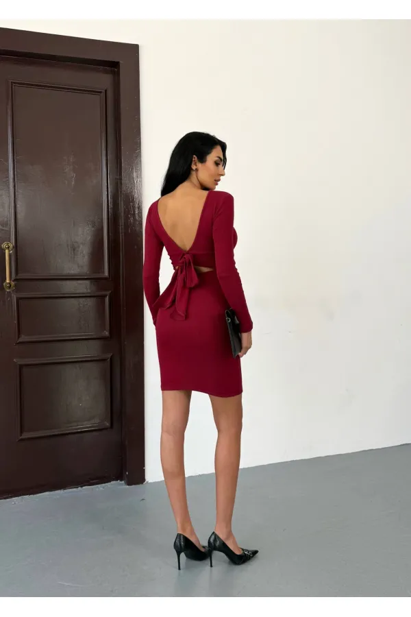 Kadın Bordo Uzun Kollu İp Bağlamalı Sırt Dekolteli Kaşkorse Mini Elbise HZL25W-FRY120411