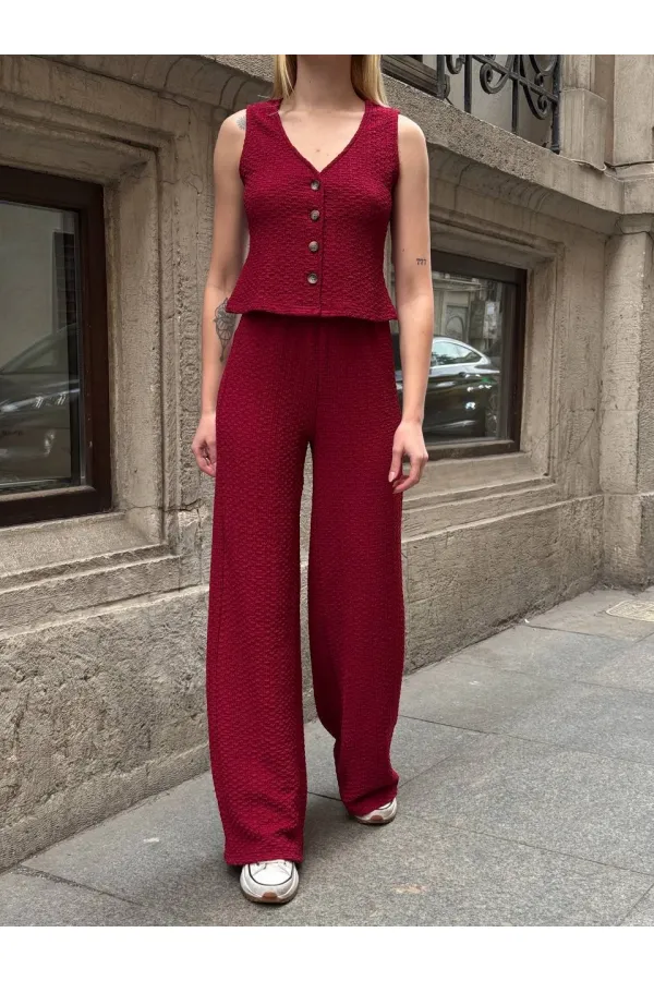 Kadın Bordo Beli Lastilkli Gofre Kumaş Pantolon HZL24S-ZK13261