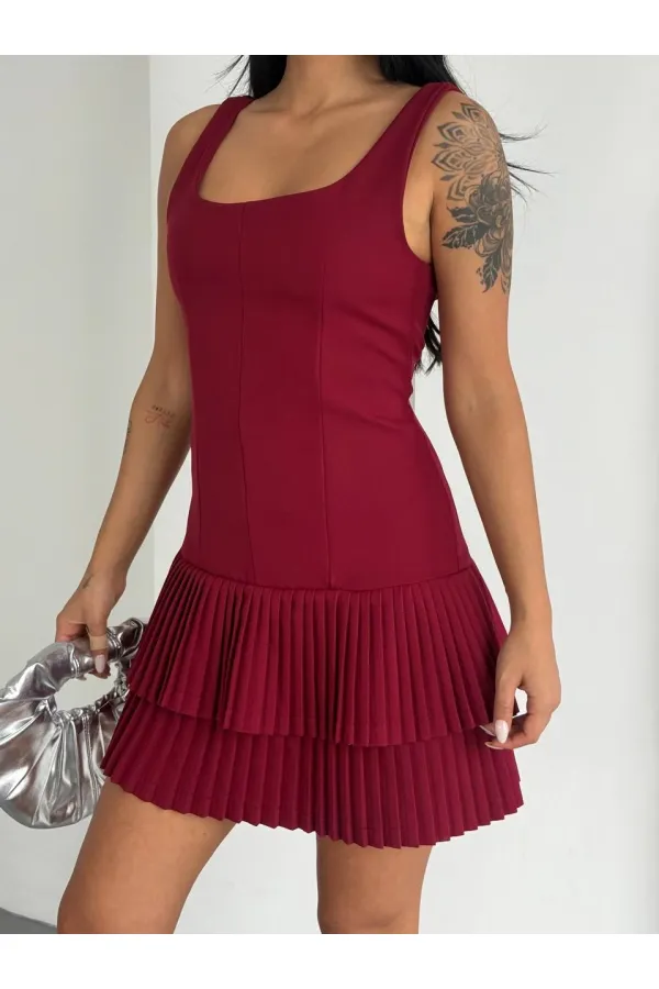 Kadın Bordo Pileli Şortlu Mini Elbise HZL25S-FRY122991